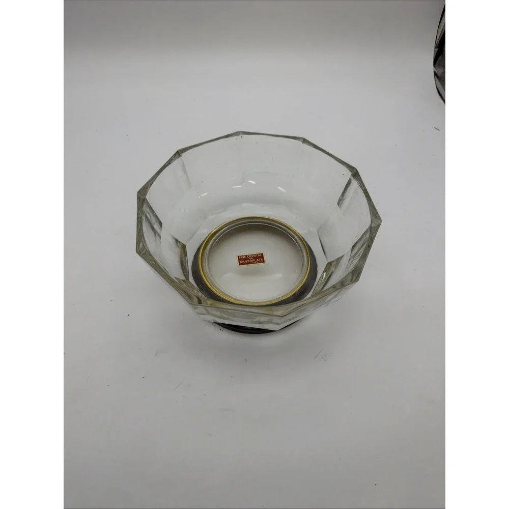 Italy Crystal Paneled Bowl With Silver Plate Base MCM Vintage Heavy